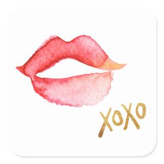 Watercolor Lips & Gold Foil XOXO Square Sticker