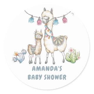 Watercolor Llama themed Baby Shower Classic Round Sticker