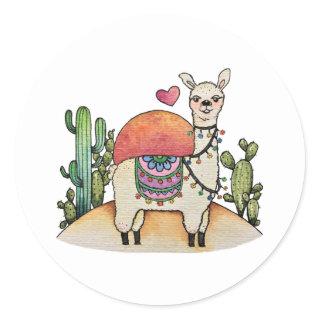 Watercolor Llama With Cactus Classic Round Sticker