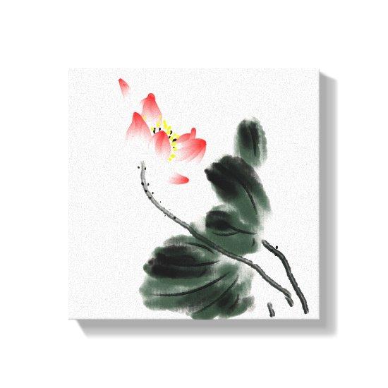 Watercolor Lotus Floral Chinoiserie Ink Wash Paint Canvas Print