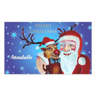 Watercolor Magical Santa Claus Smiling Rudolph Rectangular Sticker