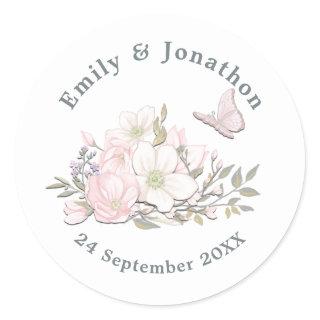 Watercolor Magnolias Butterfly Names Date Wedding Classic Round Sticker