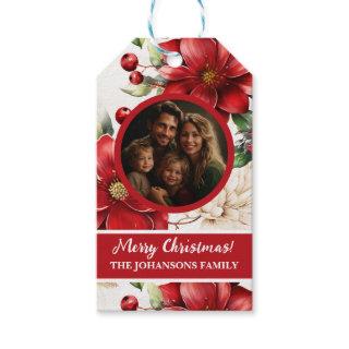 Watercolor Merry Christmas Photo Floral Pattern Gift Tags