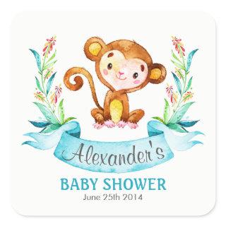 Watercolor Monkey Boy Baby Shower Square Sticker