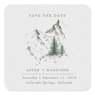 Watercolor Mountain Pine Forest Save The Date Card Square Sticker