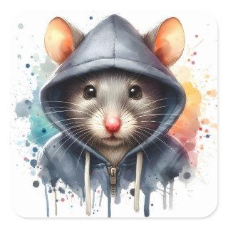 Watercolor Mouse in Blue Gray Hoodie Splash Art  Square Sticker