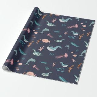 Watercolor Ocean Sea Animals Blue Pattern