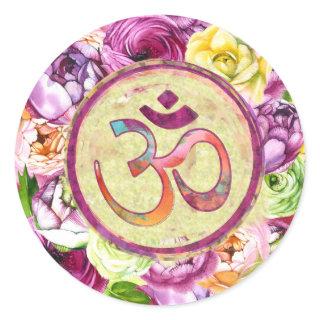 Watercolor OM symbol  with flowers Classic Round Sticker