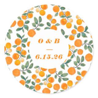 Watercolor Orange Citrus Monogrammed Wedding Classic Round Sticker