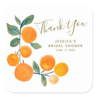 Watercolor Oranges Rustic Thank You Bridal Shower  Square Sticker