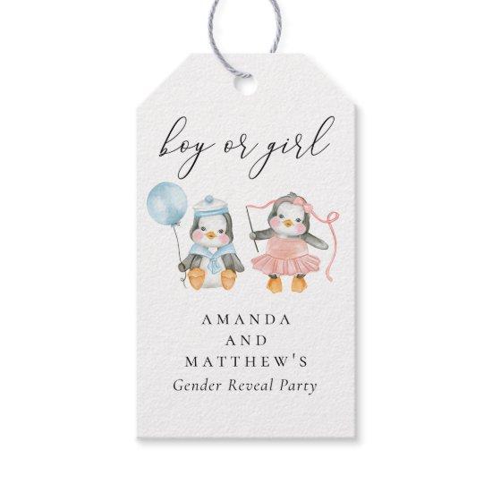 Watercolor penguins. Boy or girl. Gender reveal  Gift Tags