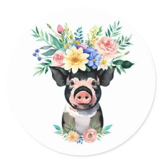 Watercolor pig flower crown classic round sticker