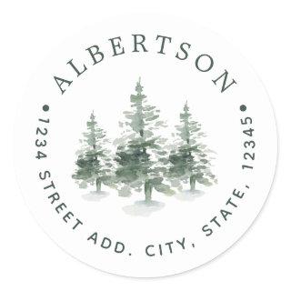 Watercolor Pine Trees Family Name Return Address Classic Round Sticker