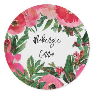 Watercolor Pink Anemone Floral Wedding Classic Round Sticker