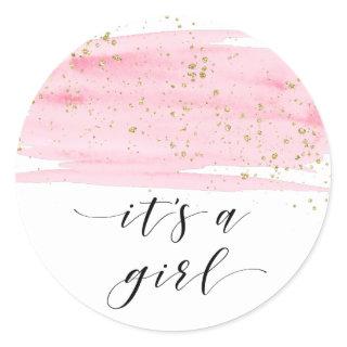 Watercolor Pink Blush and Gold Sparkle It's A Girl Classic Round Sticker