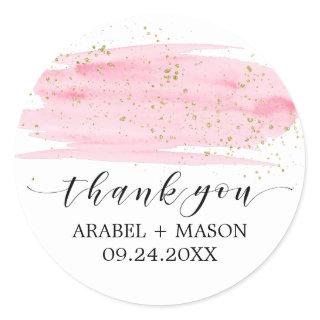 Watercolor Pink Blush & Gold Sparkle Wedding Favor Classic Round Sticker