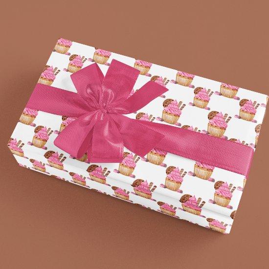 Watercolor Pink Cupcake With Chocolate Pattern