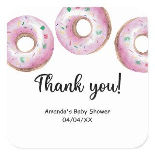 Watercolor pink donuts thank you square sticker