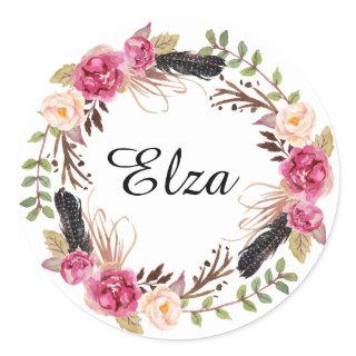 Watercolor Pink Elegant Florals and feathers  Classic Round Sticker