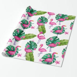 Watercolor Pink Flamingo Tropical Leaves Pattern