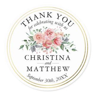 Watercolor Pink Floral Gold Wedding Thank You Classic Round Sticker
