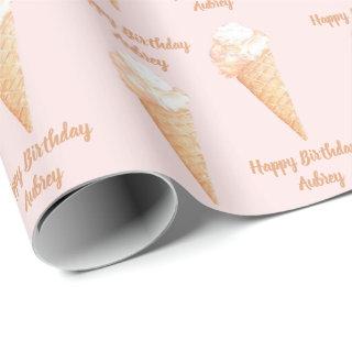 Watercolor Pink Ice Cream Personalized Birthday