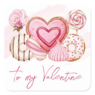 Watercolor Pink Valentine's Cookies and Sweets  Square Sticker