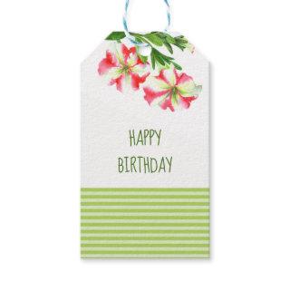 Watercolor Pink White Petunias Floral Green Strip Gift Tags