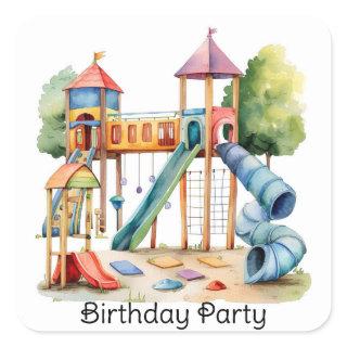 Watercolor Playground Park Kid's Birthday Party Square Sticker