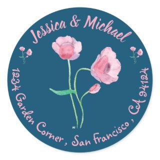 Watercolor Poppies Dark Blue Return Address Classic Round Sticker