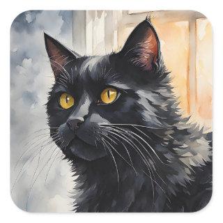 Watercolor Portrait of Black Cat Pose Windows Square Sticker