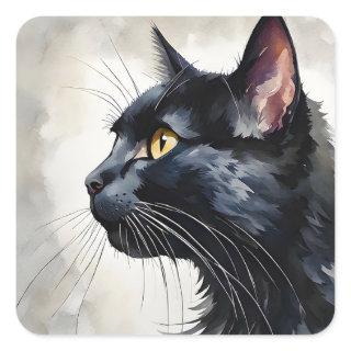 Watercolor Portrait of Black Cat Profile Pose Square Sticker