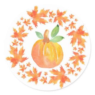 Watercolor Pumpkin & Maple Leaf Wreath Classic Round Sticker