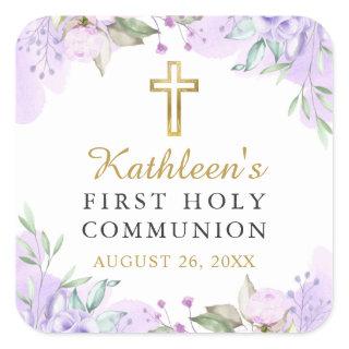 Watercolor Purple Floral Gold First Holy Communion Square Sticker
