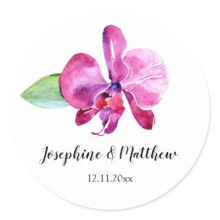 Watercolor Purple Orchid Floral Wedding Classic Round Sticker