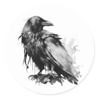 Watercolor Raven - B&W Classic Round Sticker