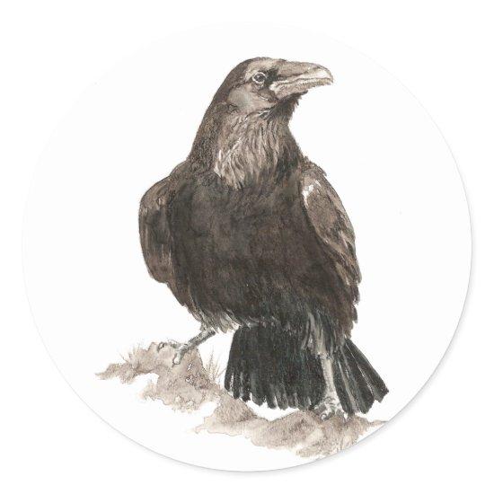 Watercolor Raven Bird Nature Art Classic Round Sticker