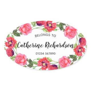 Watercolor Red and Pink Flowers Wreath Oval Design Oval Sticker