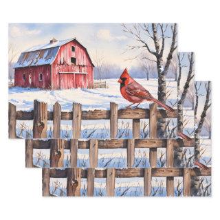 Watercolor Red Barn and Cardinal Winter Decoupage  Sheets