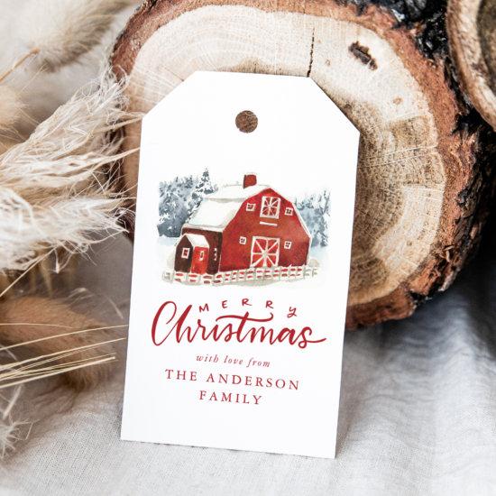 Watercolor Red Barn Winter Scene Holiday Gift Tags