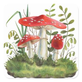 Watercolor Red Wild Forest Mushrooms and Plants Square Sticker
