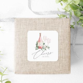 Watercolor Rose Wine Botanical Cheers to Love Square Sticker