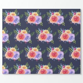 Watercolor Roses Floral Pattern on Navy Blue