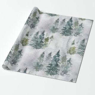 Watercolor Rustic Pine Trees Forest Snow Winter