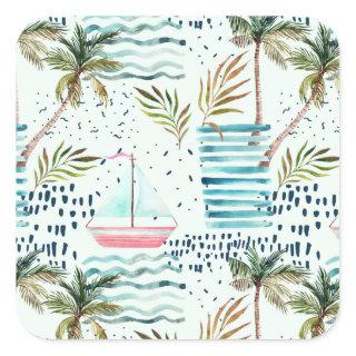 Watercolor Sailboat with Palm Tree Pattern Square Sticker