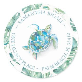 Watercolor Sea Turtle Beach Return Address Classic Round Sticker