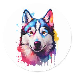Watercolor Siberian Husky Colorful Art Classic Round Sticker