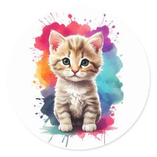 Watercolor Splash Art Cute Kitten Splatter Paint Classic Round Sticker