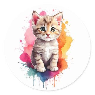 Watercolor Splash Art Kitty Cat Splatter Paint Classic Round Sticker