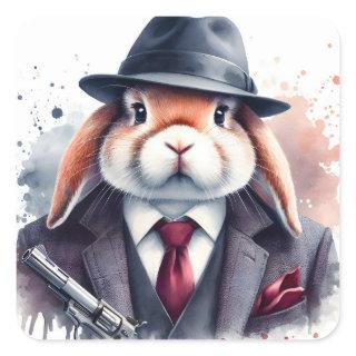 Watercolor Splatter Art Gangster Rabbit Suit Tie Square Sticker